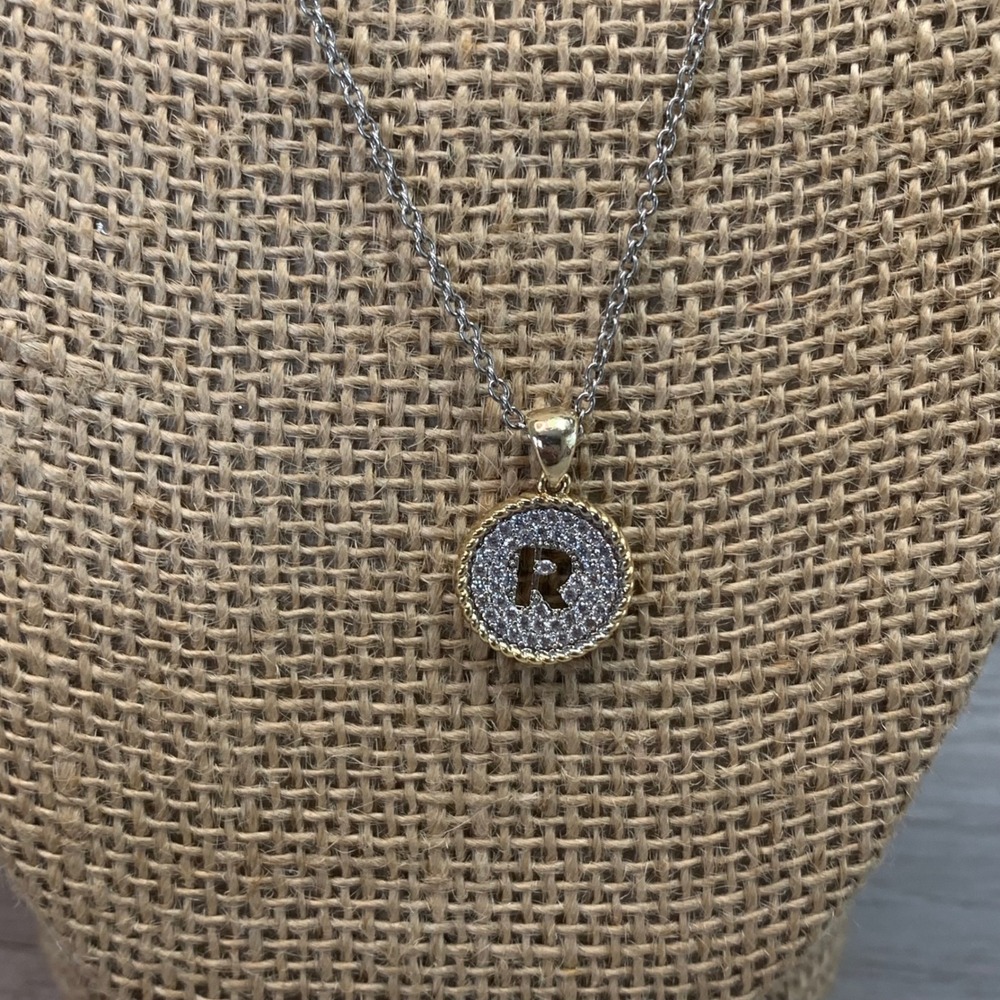 Michael Kors Silver Gold Tone Pave Crystal Initial R Pendant Necklace 16" 5568